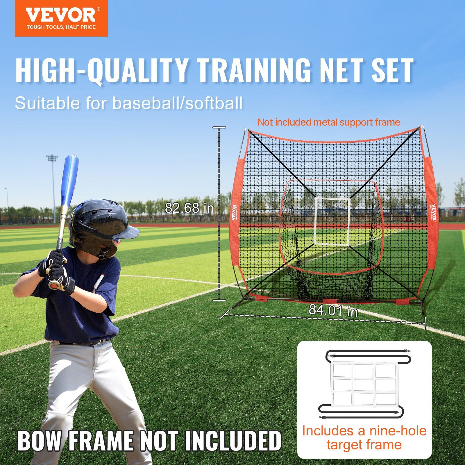 84 × 84 inches Baseball Softball Practice Net With Strike Zone, Portable Training Backstop (Net Only)